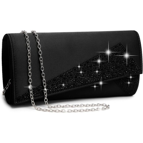 Handbags - Women's Black Satin Rhinestone Evening Clutch Bag Sparkle Glitter Purse